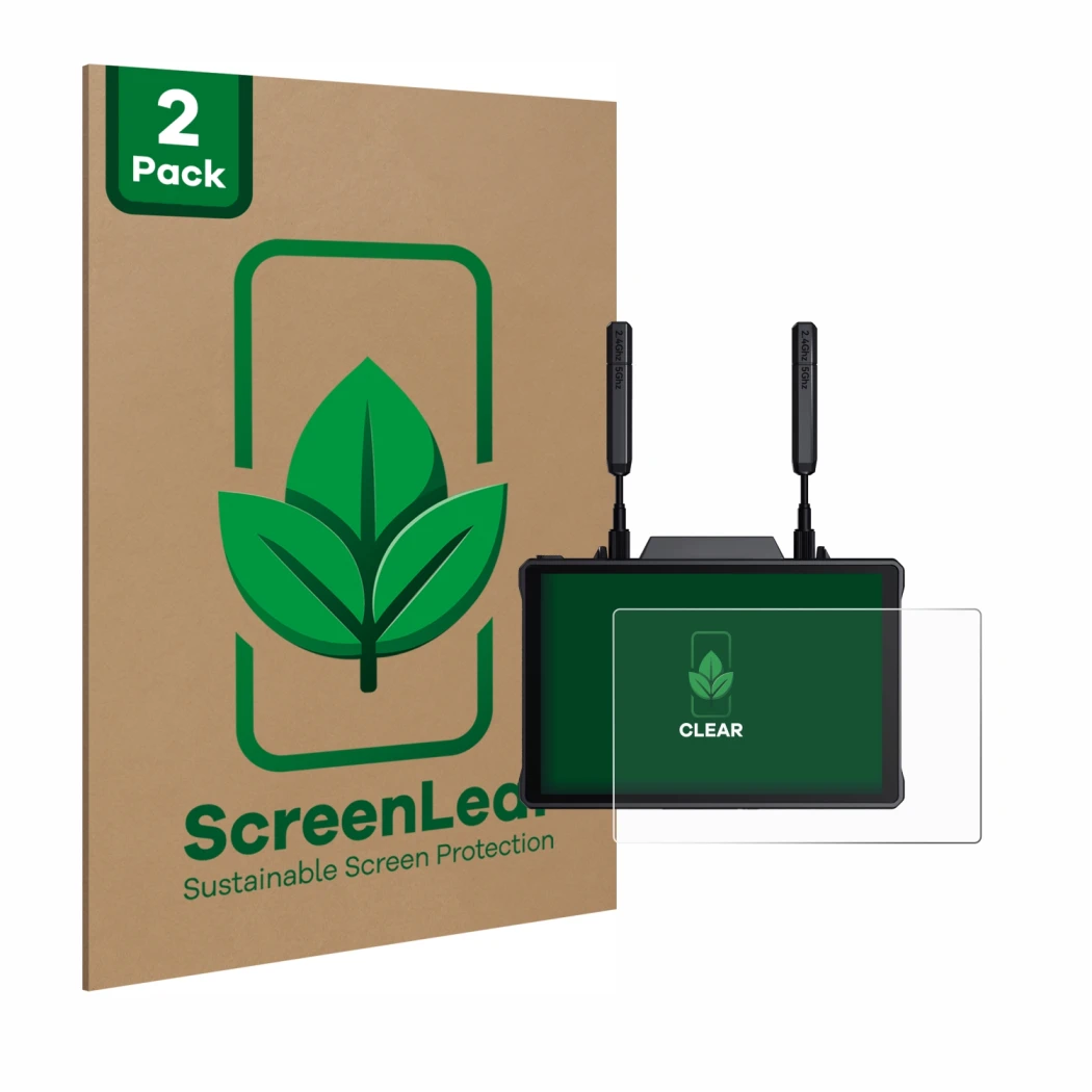 Face avant d’un emballage produit avec le logo de la marque ScreenLeaf. À côté, l’appareil Hollyland Pyro 7 est représenté ave