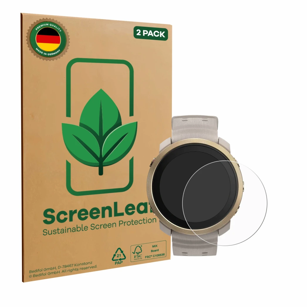 Face avant d’un emballage produit avec le logo de la marque ScreenLeaf. À côté, l’appareil Polar Vantage M3 est représenté ave