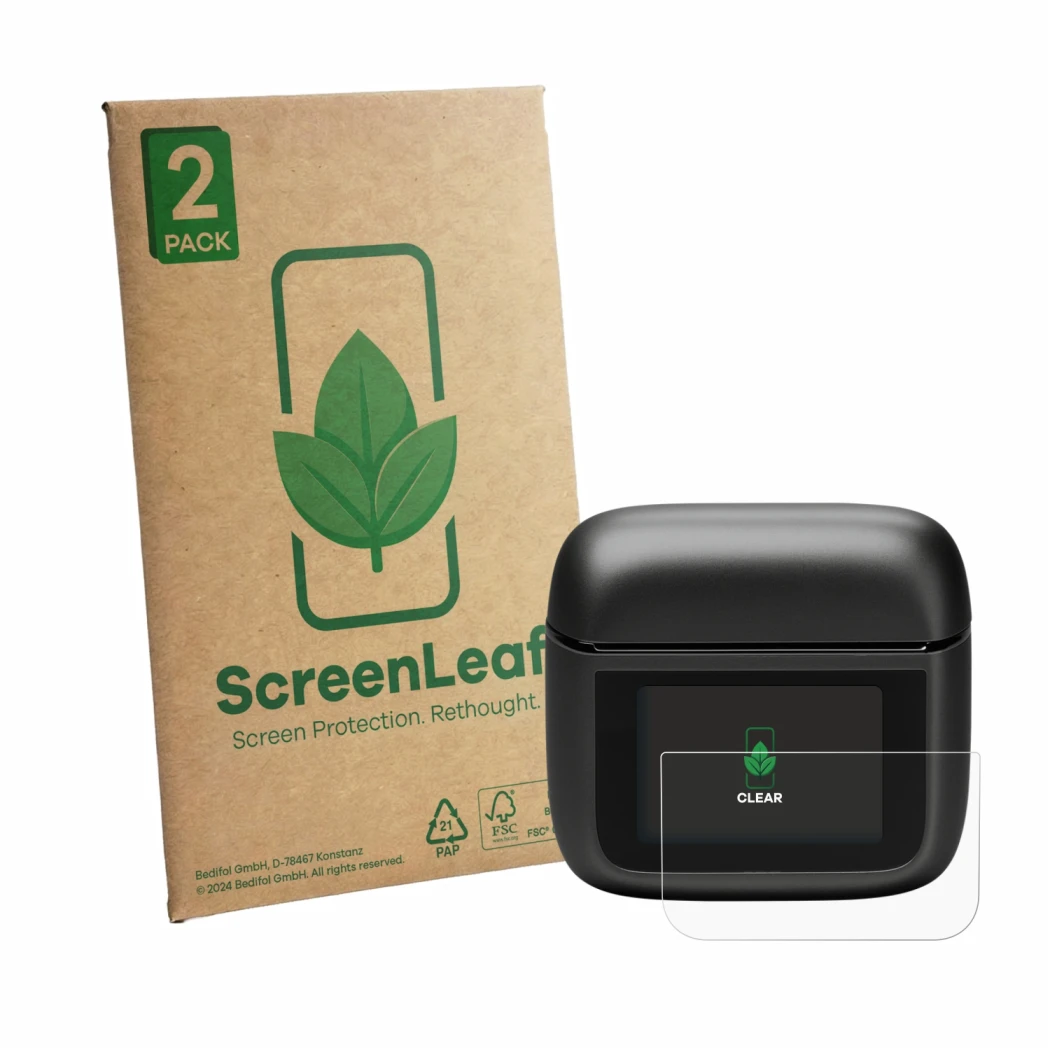 Face avant d’un emballage produit avec le logo de la marque ScreenLeaf. À côté, l’appareil JBL Tour Pro 3 est représenté avec 