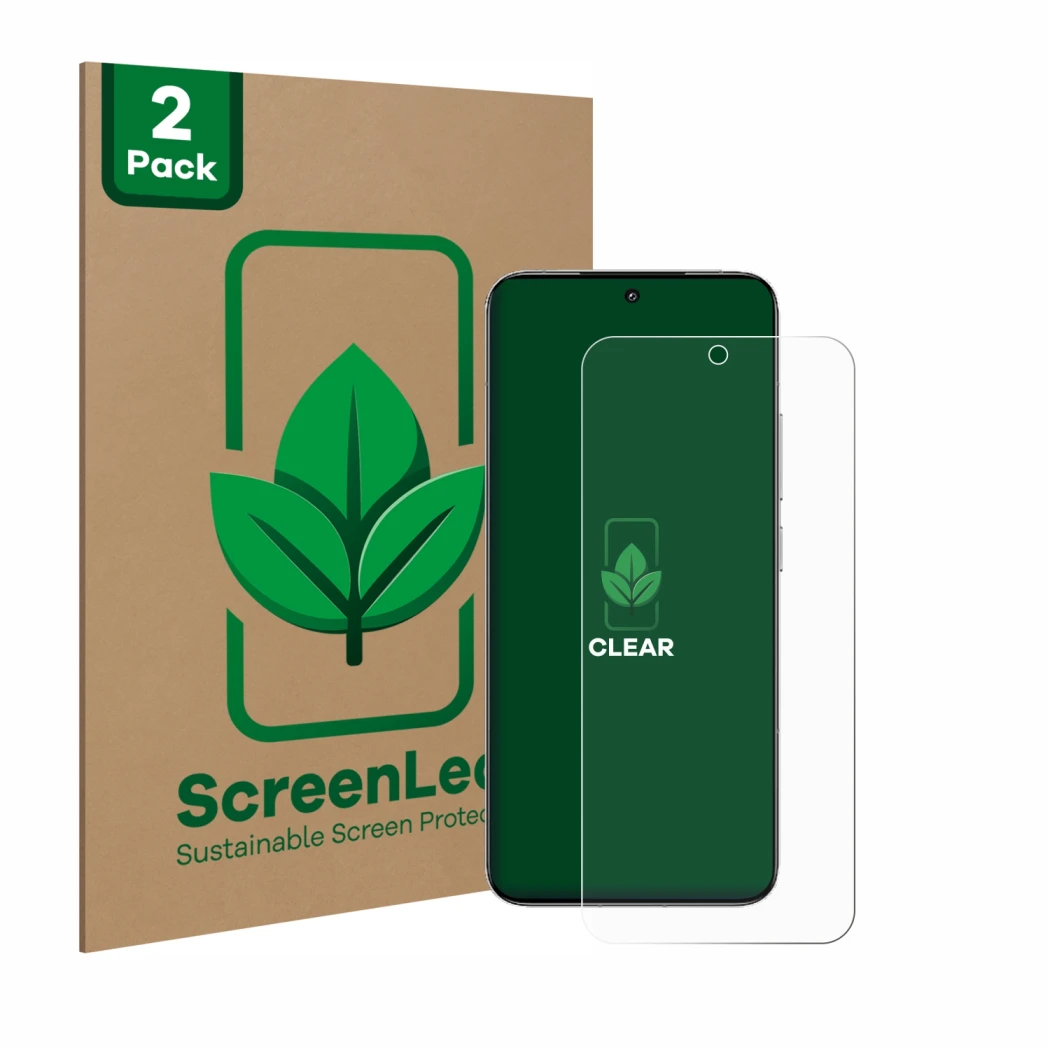 Face avant d’un emballage produit avec le logo de la marque ScreenLeaf. À côté, l’appareil Xiaomi 15 est représenté avec la pr