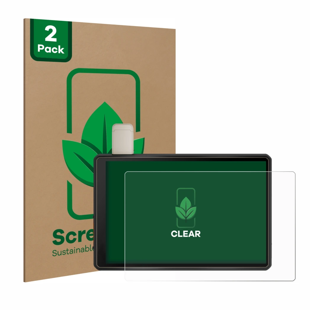 Face avant d’un emballage produit avec le logo de la marque ScreenLeaf. À côté, l’appareil Garmin Tread XL Overland Edition 10