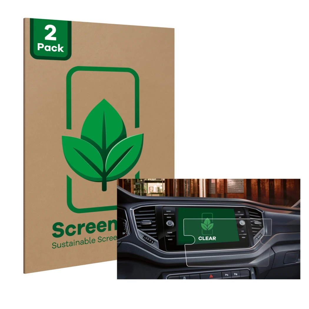 Face avant d’un emballage produit avec le logo de la marque ScreenLeaf. À côté, l’appareil Volkswagen Touran 2.0 Discover Medi