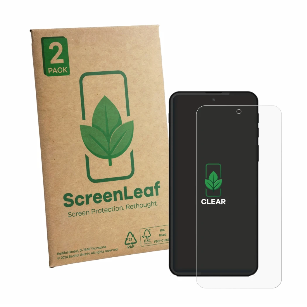Face avant d’un emballage produit avec le logo de la marque ScreenLeaf. À côté, l’appareil Shiftphones Shiftphone 8.1 est repr