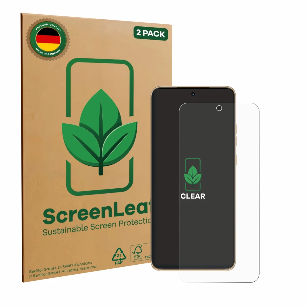 Face avant d’un emballage produit avec le logo de la marque ScreenLeaf. À côté, l’appareil Motorola Edge 50 Neo est représenté