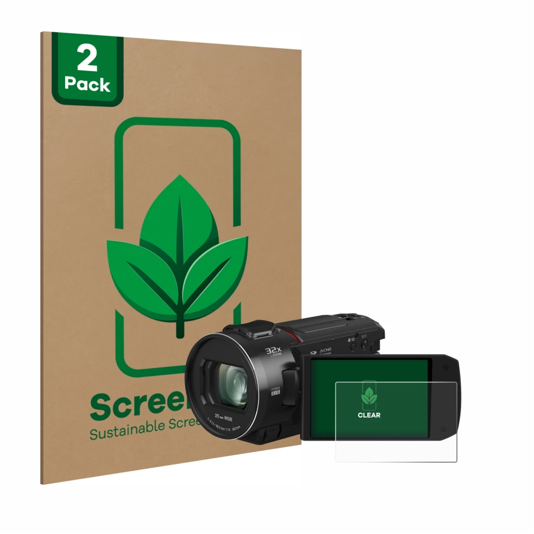 Face avant d’un emballage produit avec le logo de la marque ScreenLeaf. À côté, l’appareil Panasonic HC-VX3 est représenté ave