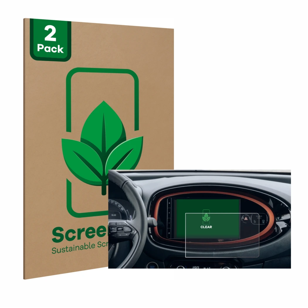 Face avant d’un emballage produit avec le logo de la marque ScreenLeaf. À côté, l’appareil Toyota Aygo X (2022) est représenté