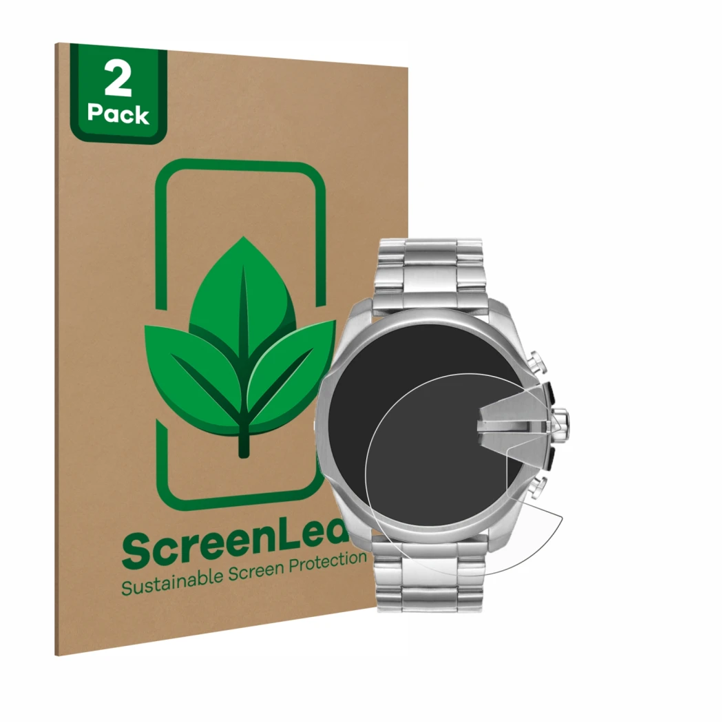 Face avant d’un emballage produit avec le logo de la marque ScreenLeaf. À côté, l’appareil Diesel Mega Chief DZ4417 est représ