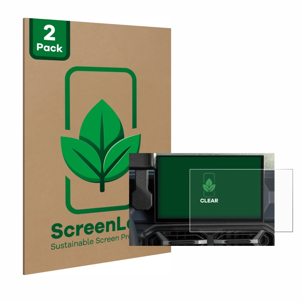 Face avant d’un emballage produit avec le logo de la marque ScreenLeaf. À côté, l’appareil Dacia Duster Infotainment System (2