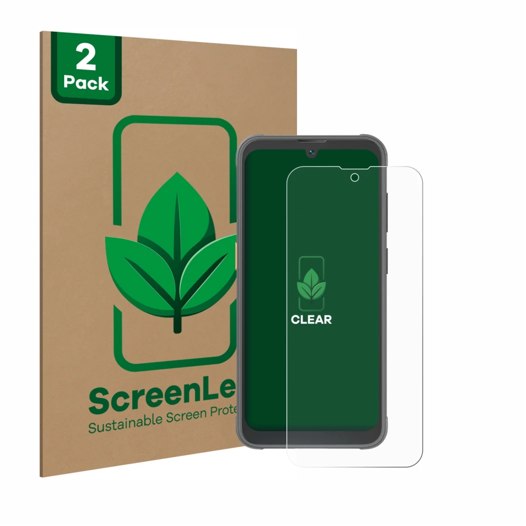 Face avant d’un emballage produit avec le logo de la marque ScreenLeaf. À côté, l’appareil Blackview BV5200 Pro est représenté