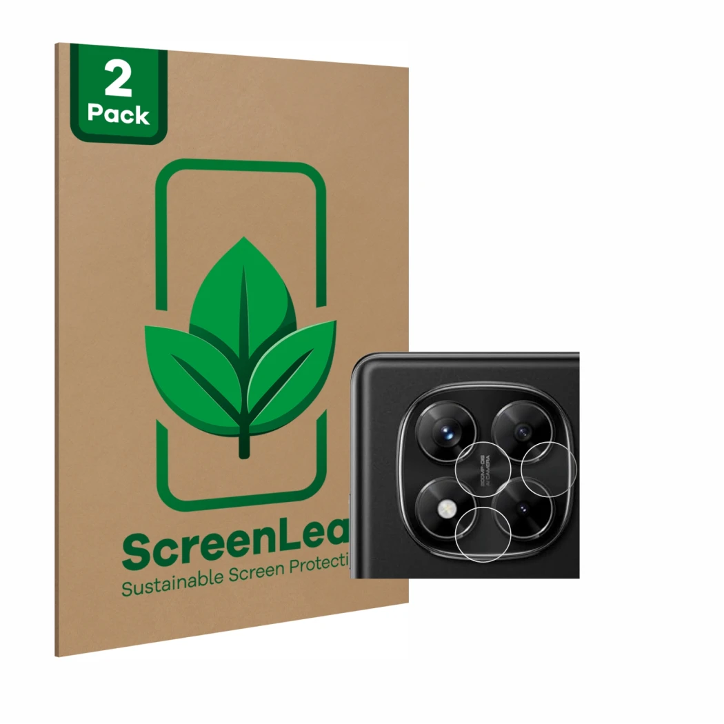 Face avant d’un emballage produit avec le logo de la marque ScreenLeaf. À côté, l’appareil Xiaomi Redmi Note 14 Pro (Caméra UN