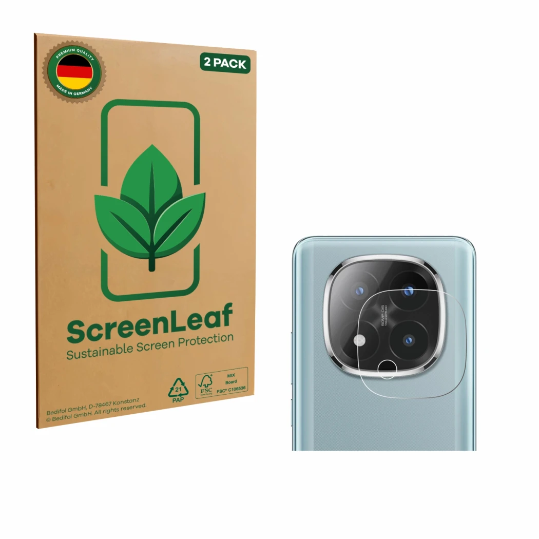 Face avant d’un emballage produit avec le logo de la marque ScreenLeaf. À côté, l’appareil Xiaomi Redmi Note 14 Pro Plus (Camé