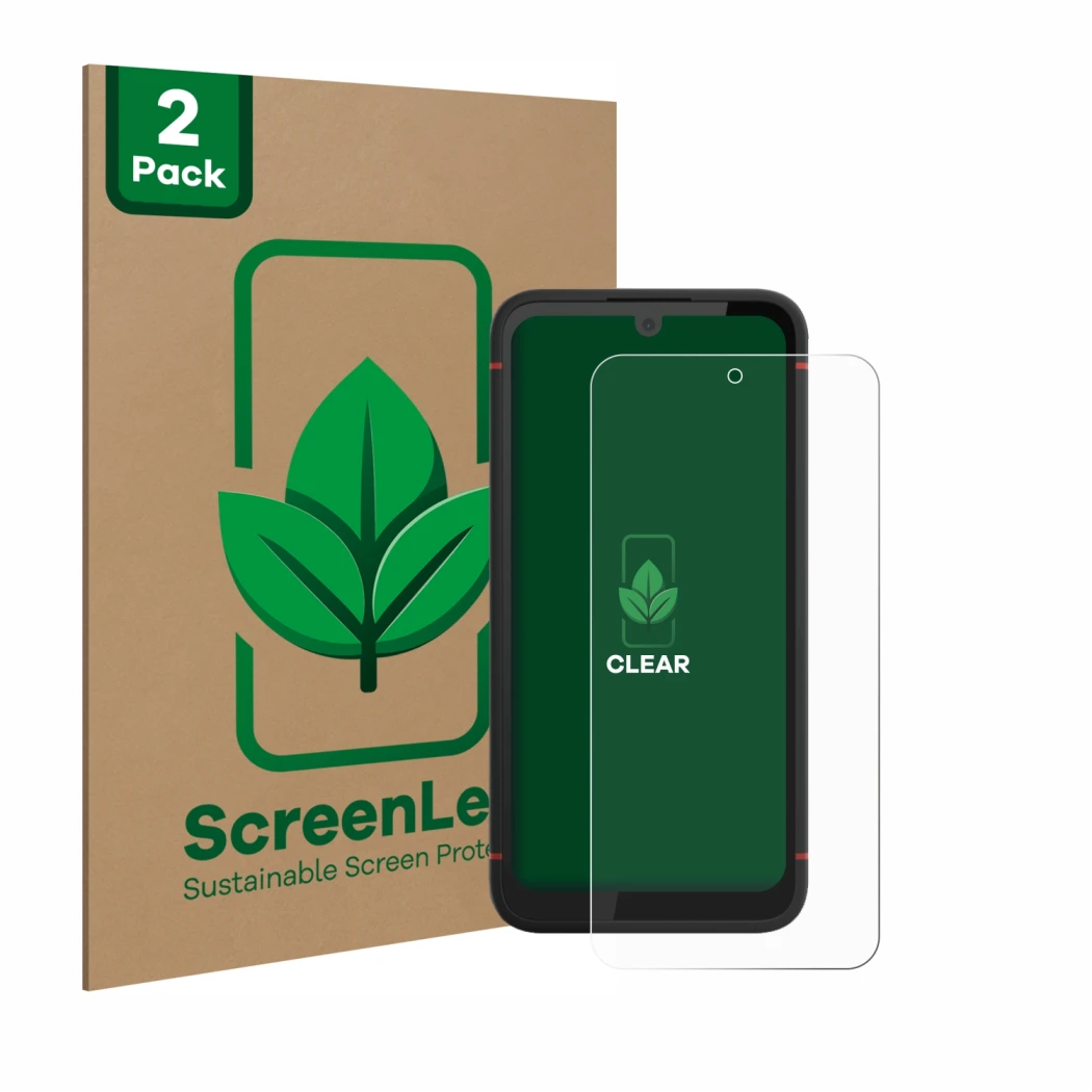 Face avant d’un emballage produit avec le logo de la marque ScreenLeaf. À côté, l’appareil Volla Phone X23 est représenté avec