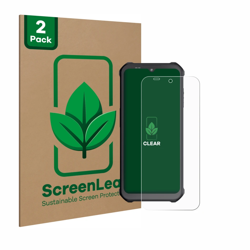 Face avant d’un emballage produit avec le logo de la marque ScreenLeaf. À côté, l’appareil Sonim XP400 est représenté avec la 