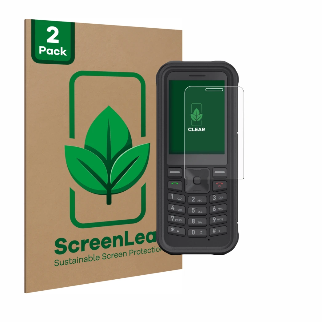 Face avant d’un emballage produit avec le logo de la marque ScreenLeaf. À côté, l’appareil Sonim XP100 est représenté avec la 