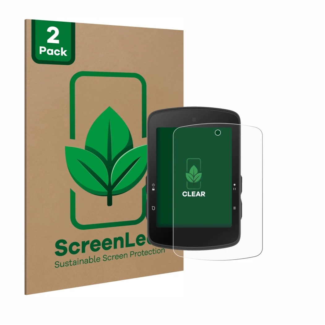 Face avant d’un emballage produit avec le logo de la marque ScreenLeaf. À côté, l’appareil Bryton Rider S510 est représenté av