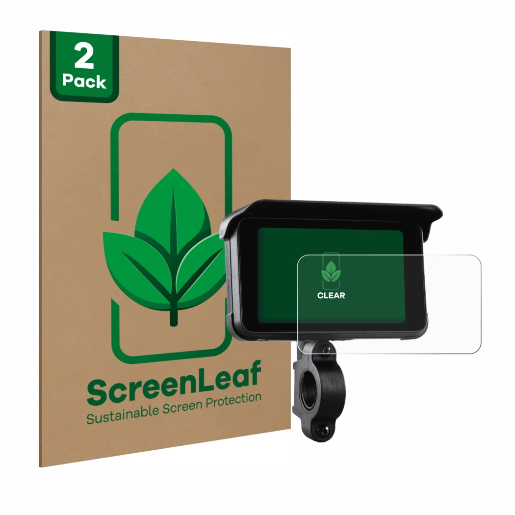 Face avant d’un emballage produit avec le logo de la marque ScreenLeaf. À côté, l’appareil Midland Bike-Play-Guardian est repr