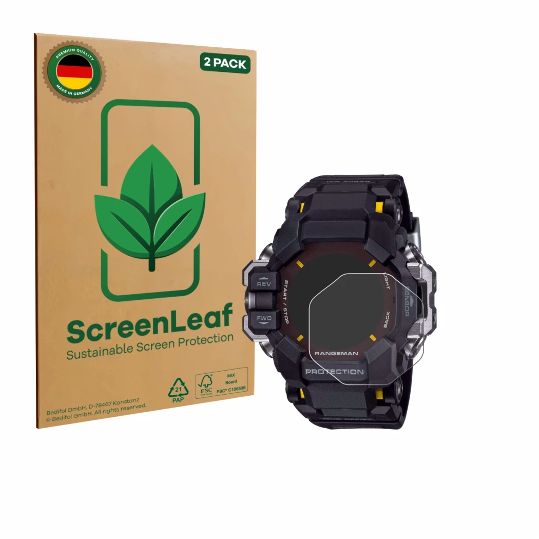 Face avant d’un emballage produit avec le logo de la marque ScreenLeaf. À côté, l’appareil Casio G-Shock GPR-H 1000 est représ