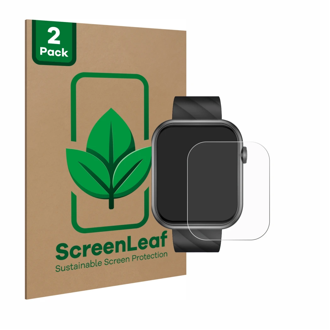 Face avant d’un emballage produit avec le logo de la marque ScreenLeaf. À côté, l’appareil Bekomiya Smartwatch 2