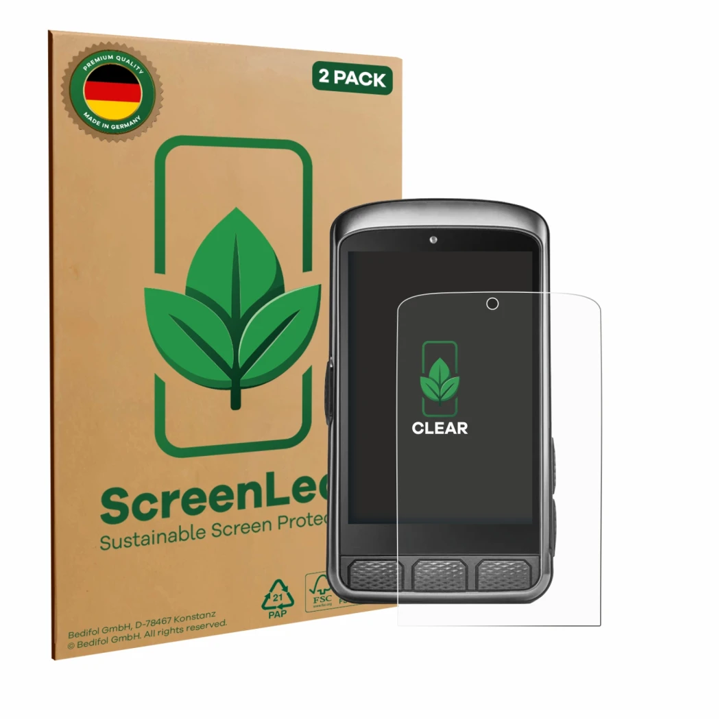 Face avant d’un emballage produit avec le logo de la marque ScreenLeaf. À côté, l’appareil Wahoo Elemnt ACE est représenté ave