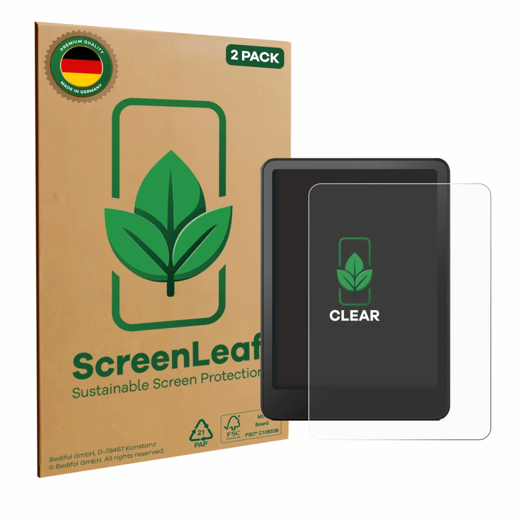 Face avant d’un emballage produit avec le logo de la marque ScreenLeaf. À côté, l’appareil Amazon Kindle Paperwhite 2024 Signa
