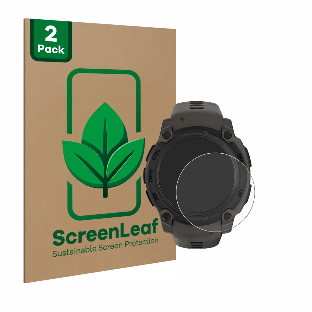 Face avant d’un emballage produit avec le logo de la marque ScreenLeaf. À côté, l’appareil Garmin Instinct E (40 mm) est repré