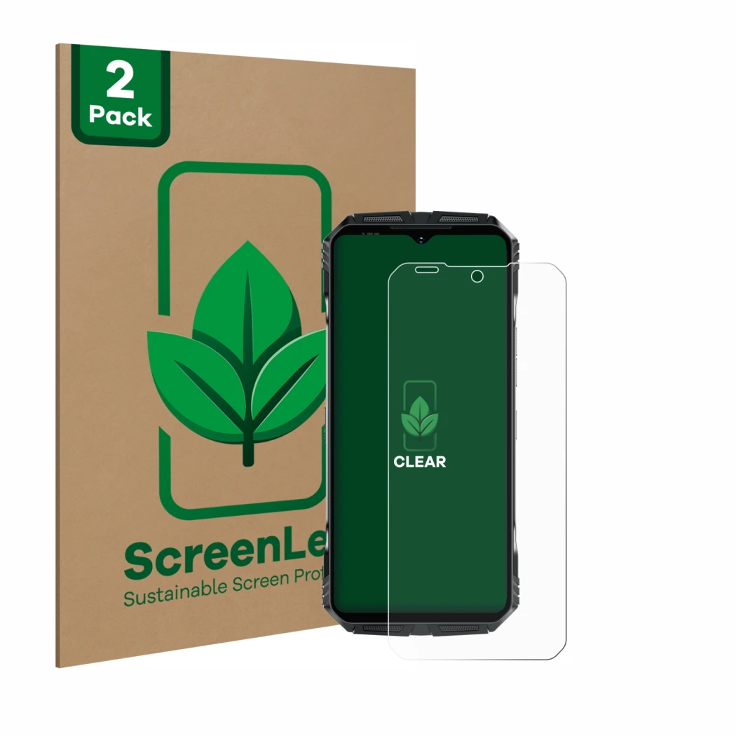 Face avant d’un emballage produit avec le logo de la marque ScreenLeaf. À côté, l’appareil Doogee S118 Pro est représenté avec
