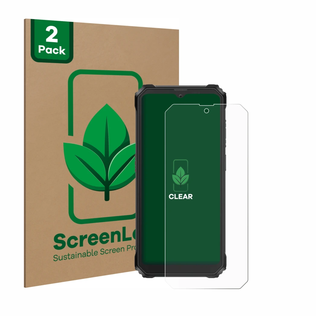 Face avant d’un emballage produit avec le logo de la marque ScreenLeaf. À côté, l’appareil Blackview BV6200 Plus est représent