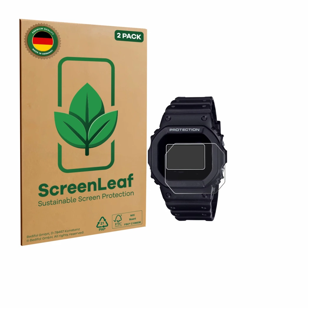 Face avant d’un emballage produit avec le logo de la marque ScreenLeaf. À côté, l’appareil Casio G-Shock DW-5600RL-1 est repré