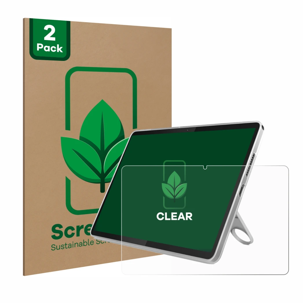 Face avant d’un emballage produit avec le logo de la marque ScreenLeaf. À côté, l’appareil Lenovo Tab 10.1