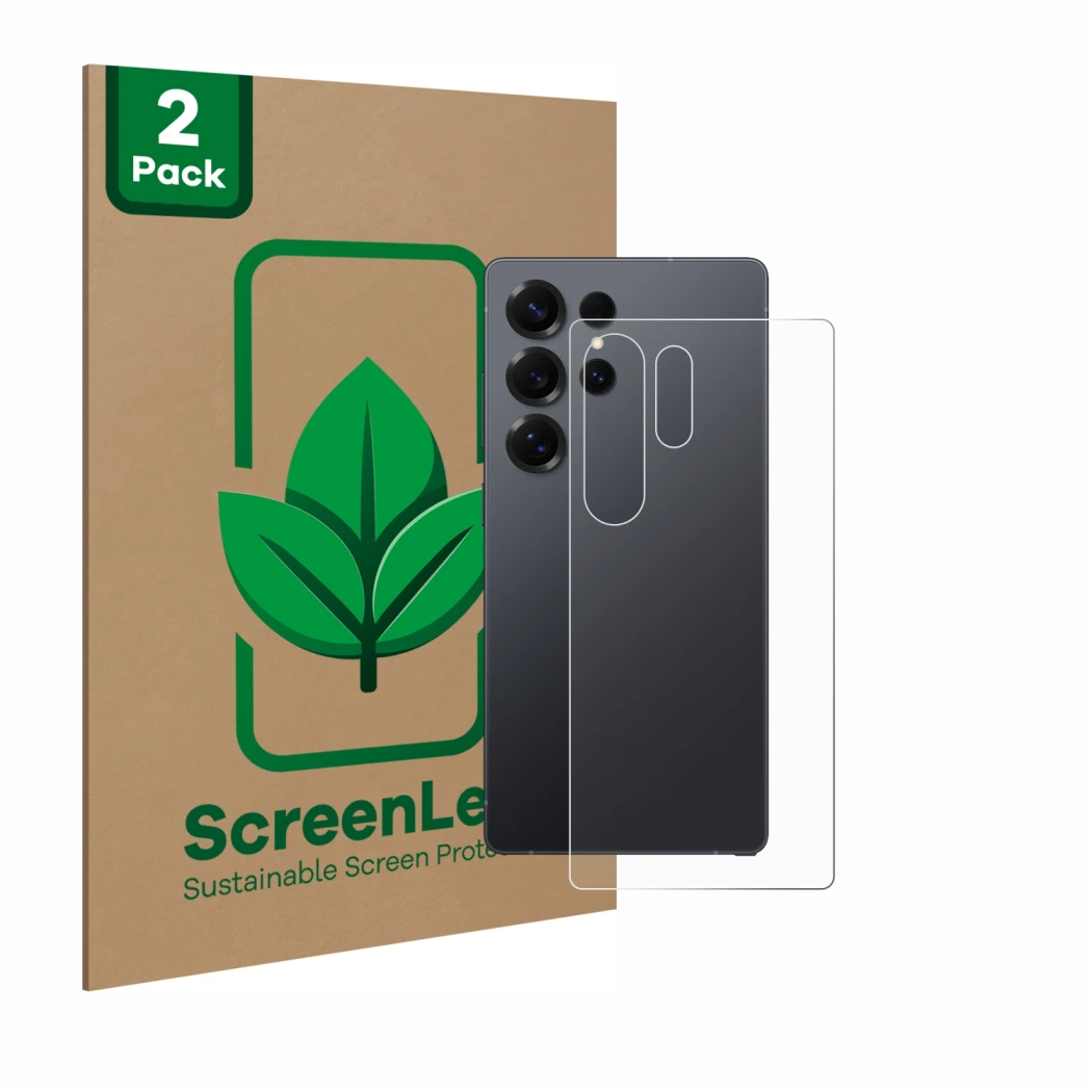 Face avant d’un emballage produit avec le logo de la marque ScreenLeaf. À côté, l’appareil Samsung Galaxy S25 Ultra (Arrière) 