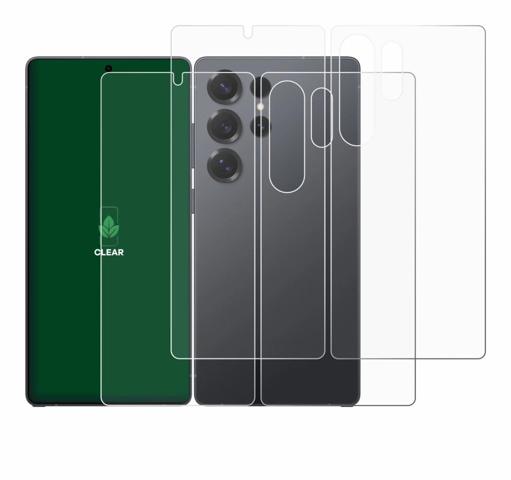 Image de l'appareil Samsung Galaxy S25 Ultra (Avant+Arrière) avec une grande variété de protections d'écran.