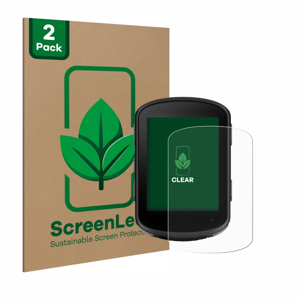 Face avant d’un emballage produit avec le logo de la marque ScreenLeaf. À côté, l’appareil Garmin Edge 540 Solar est représent