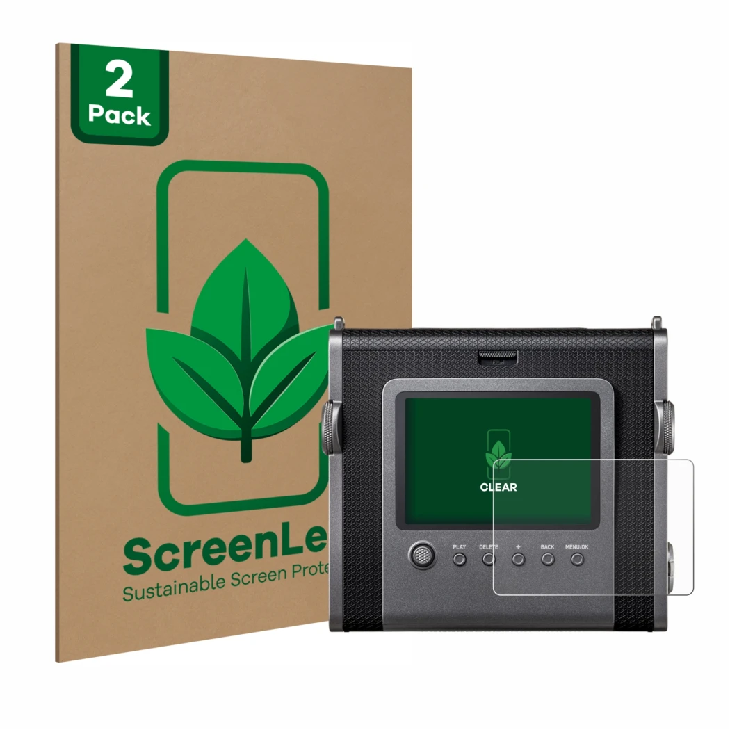 Face avant d’un emballage produit avec le logo de la marque ScreenLeaf. À côté, l’appareil Fujifilm Instax Wide Evo est représ