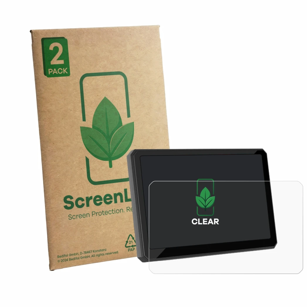 Face avant d’un emballage produit avec le logo de la marque ScreenLeaf. À côté, l’appareil Carpuride W702BS 7