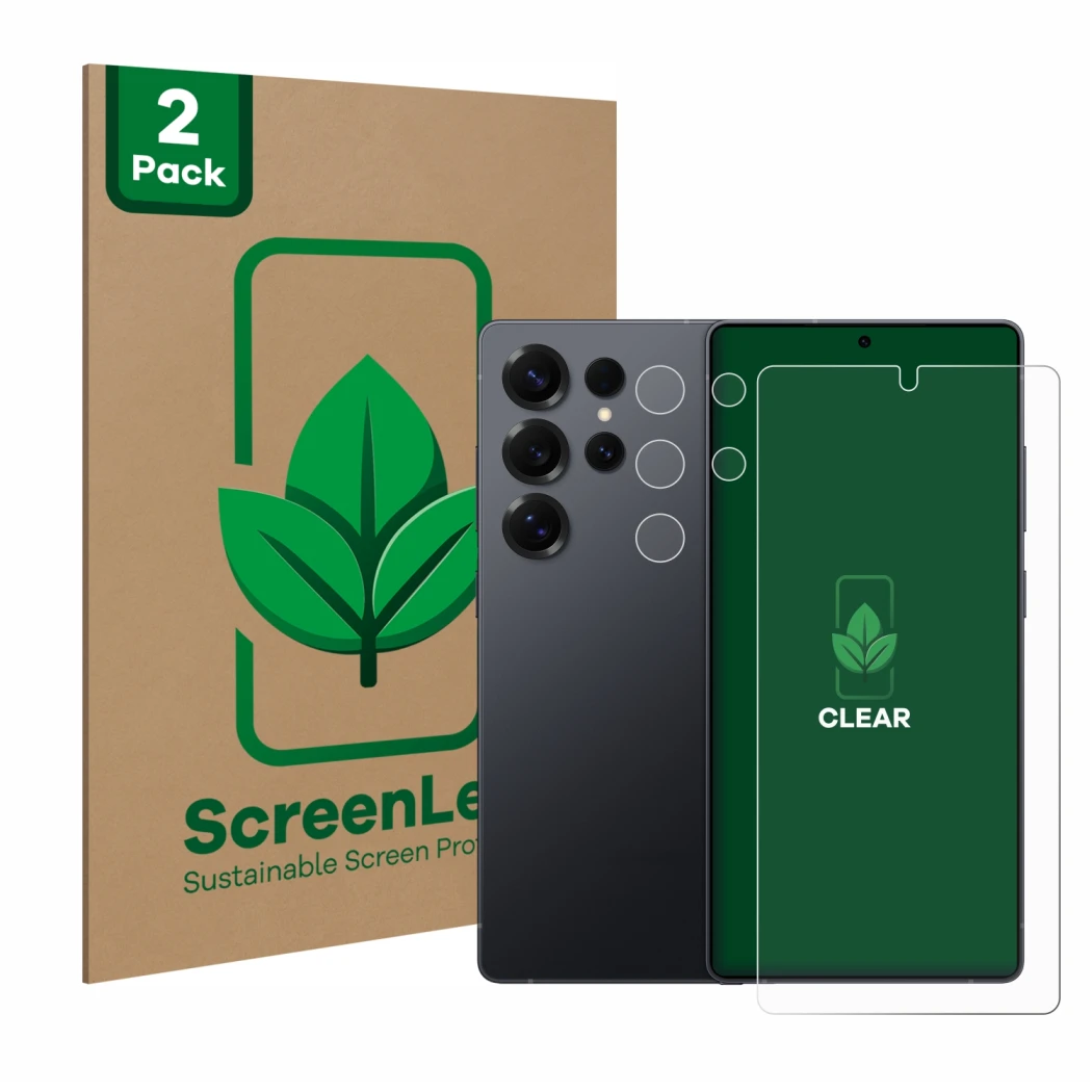 Face avant d’un emballage produit avec le logo de la marque ScreenLeaf. À côté, l’appareil Samsung Galaxy S25 Ultra Enterprise