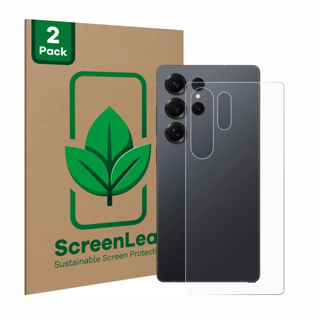 Face avant d’un emballage produit avec le logo de la marque ScreenLeaf. À côté, l’appareil Samsung Galaxy S25 Ultra Enterprise