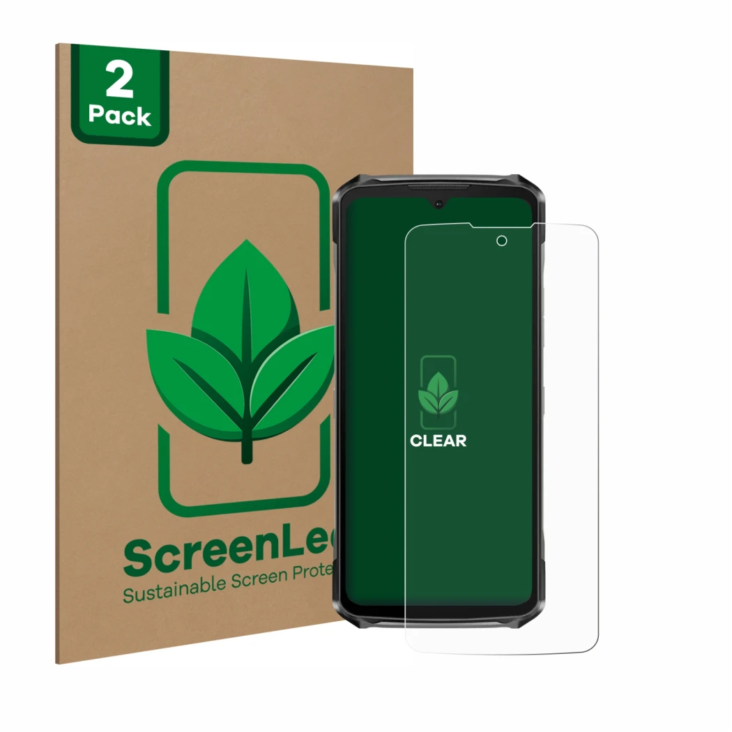 Face avant d’un emballage produit avec le logo de la marque ScreenLeaf. À côté, l’appareil Doogee S119 est représenté avec la 