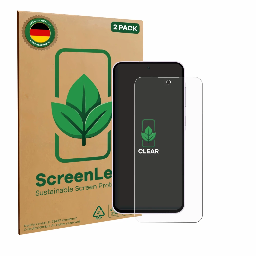 Face avant d’un emballage produit avec le logo de la marque ScreenLeaf. À côté, l’appareil Samsung Galaxy A56 5G est représent