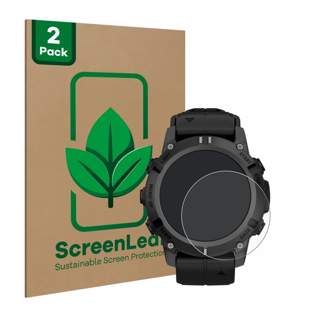 Face avant d’un emballage produit avec le logo de la marque ScreenLeaf. À côté, l’appareil Garmin Descent G2 est représenté av