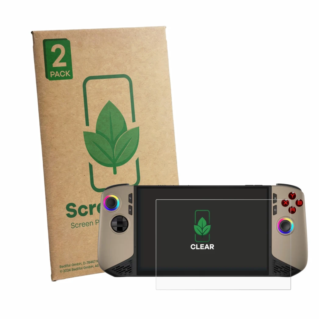 Face avant d’un emballage produit avec le logo de la marque ScreenLeaf. À côté, l’appareil MSI Claw 8 AI+ est représenté avec 