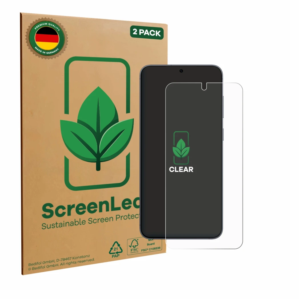 Face avant d’un emballage produit avec le logo de la marque ScreenLeaf. À côté, l’appareil Samsung Galaxy S25 Enterprise Editi