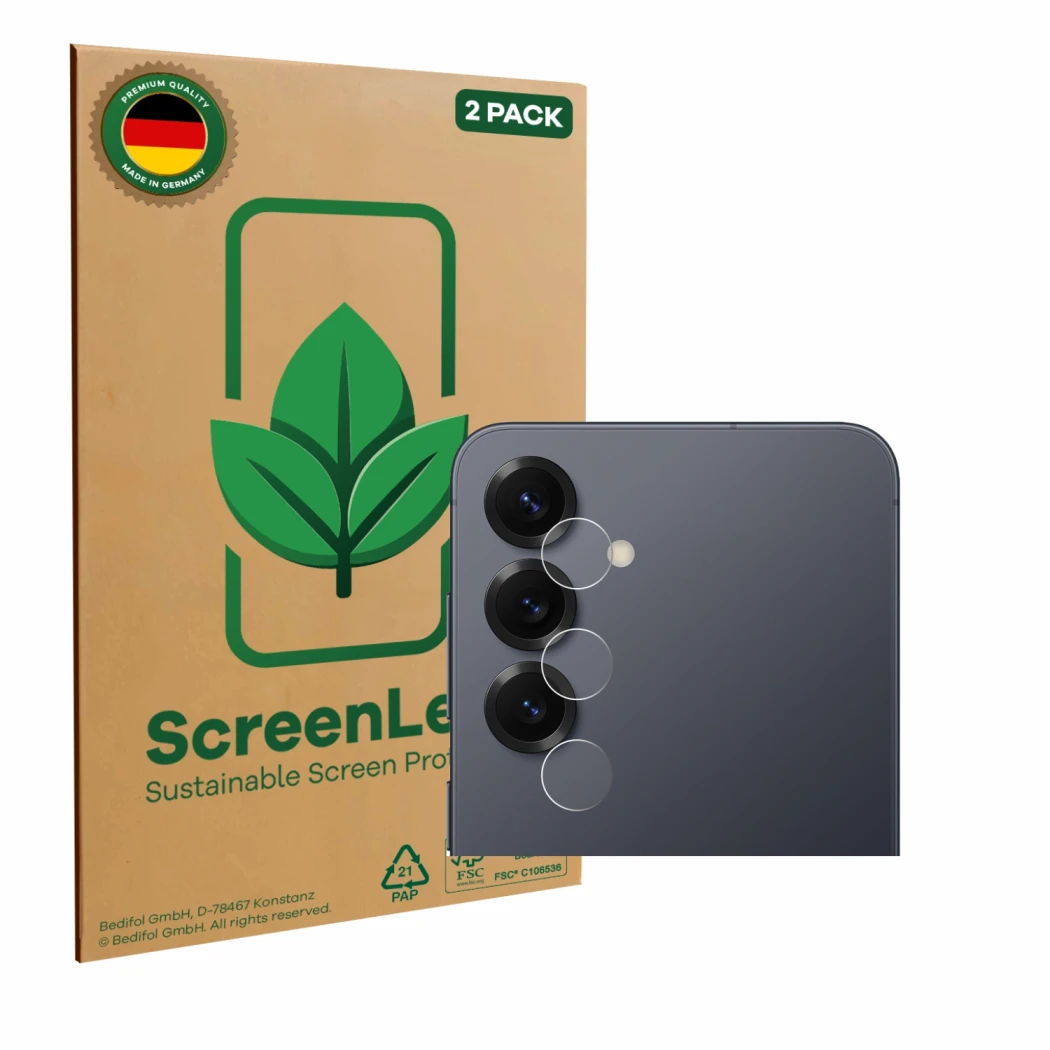 Face avant d’un emballage produit avec le logo de la marque ScreenLeaf. À côté, l’appareil Samsung Galaxy S25 Enterprise Editi