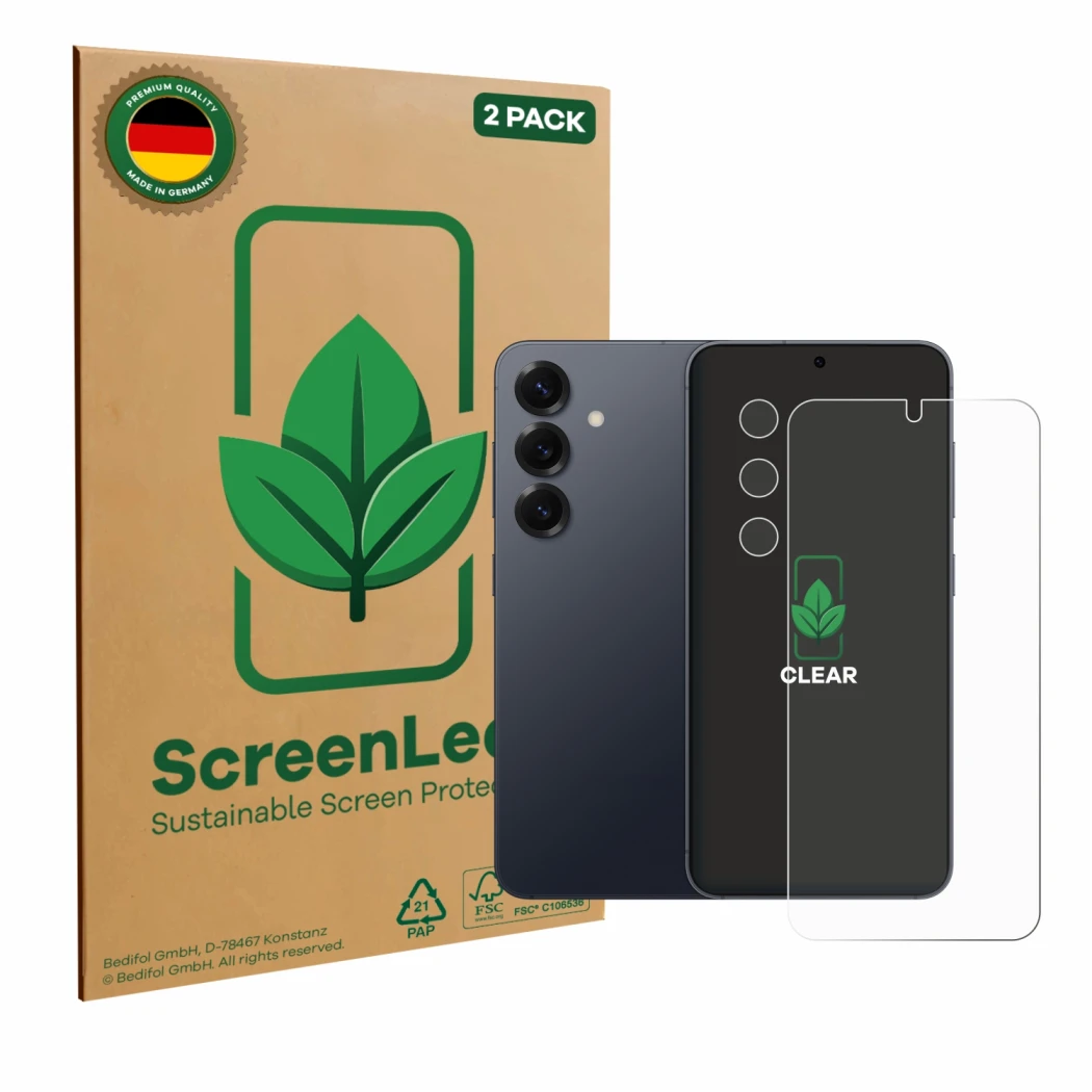 Face avant d’un emballage produit avec le logo de la marque ScreenLeaf. À côté, l’appareil Samsung Galaxy S25 Plus Enterprise 