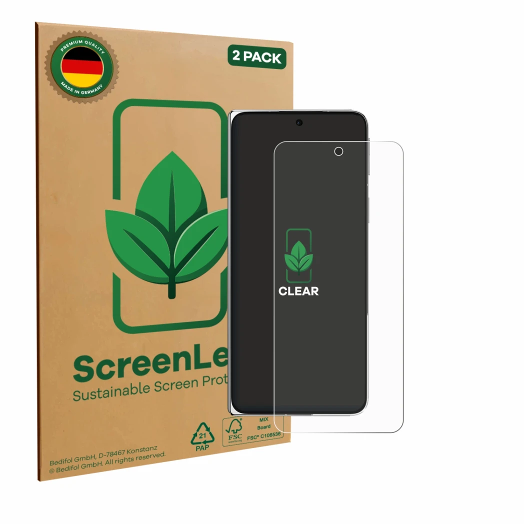 Face avant d’un emballage produit avec le logo de la marque ScreenLeaf. À côté, l’appareil Oppo Find N5 est représenté avec la