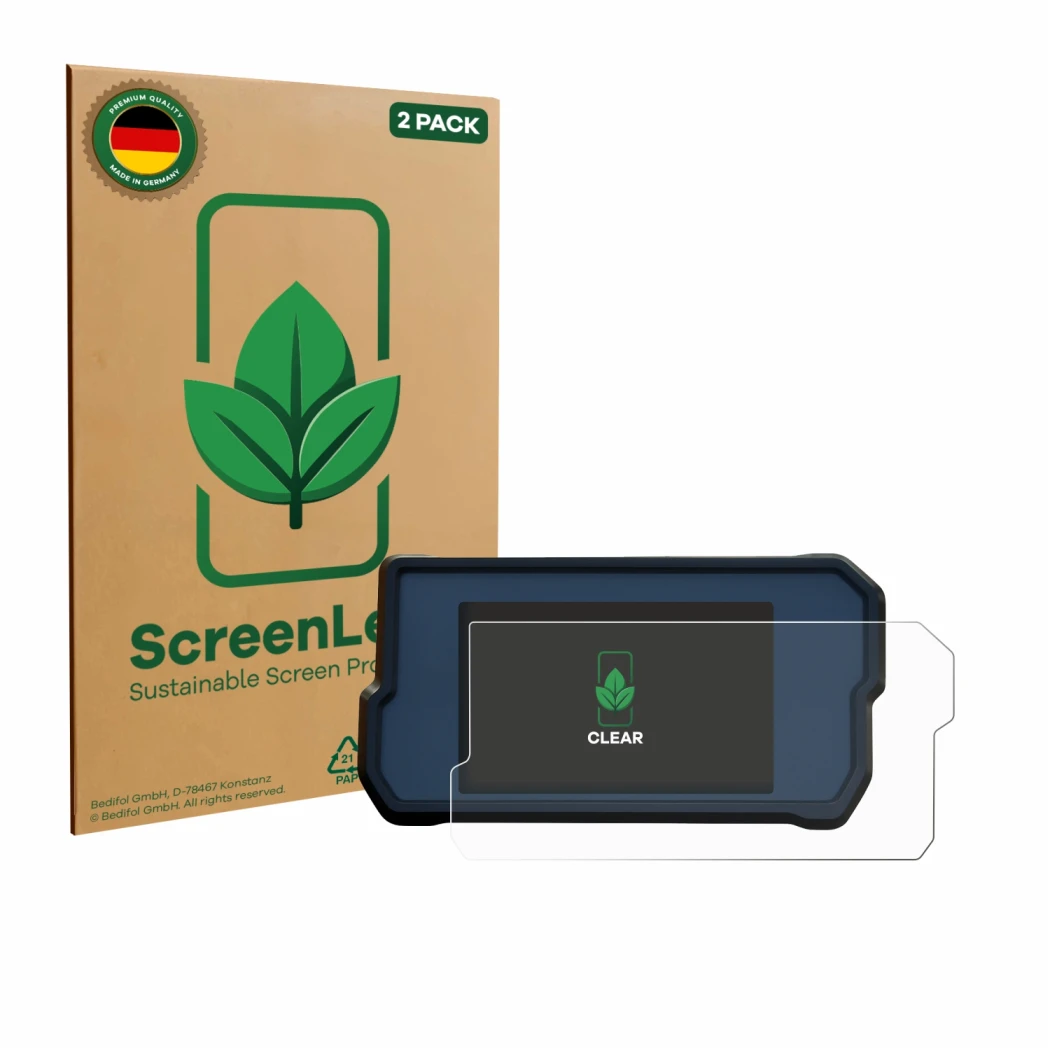 Face avant d’un emballage produit avec le logo de la marque ScreenLeaf. À côté, l’appareil KTM RC125 / RC390 2022+ est représe