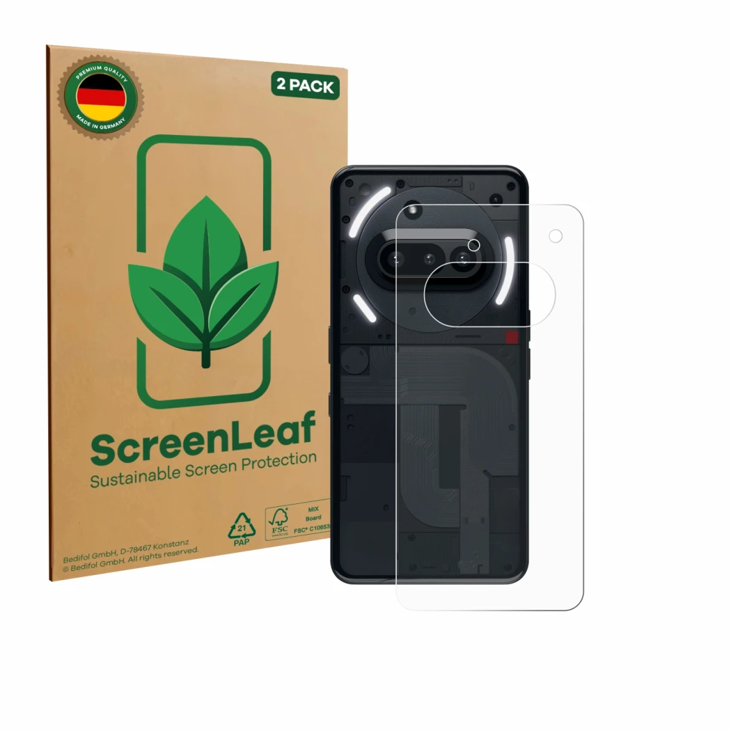 Face avant d’un emballage produit avec le logo de la marque ScreenLeaf. À côté, l’appareil Nothing Phone (3a) (Arrière) est re