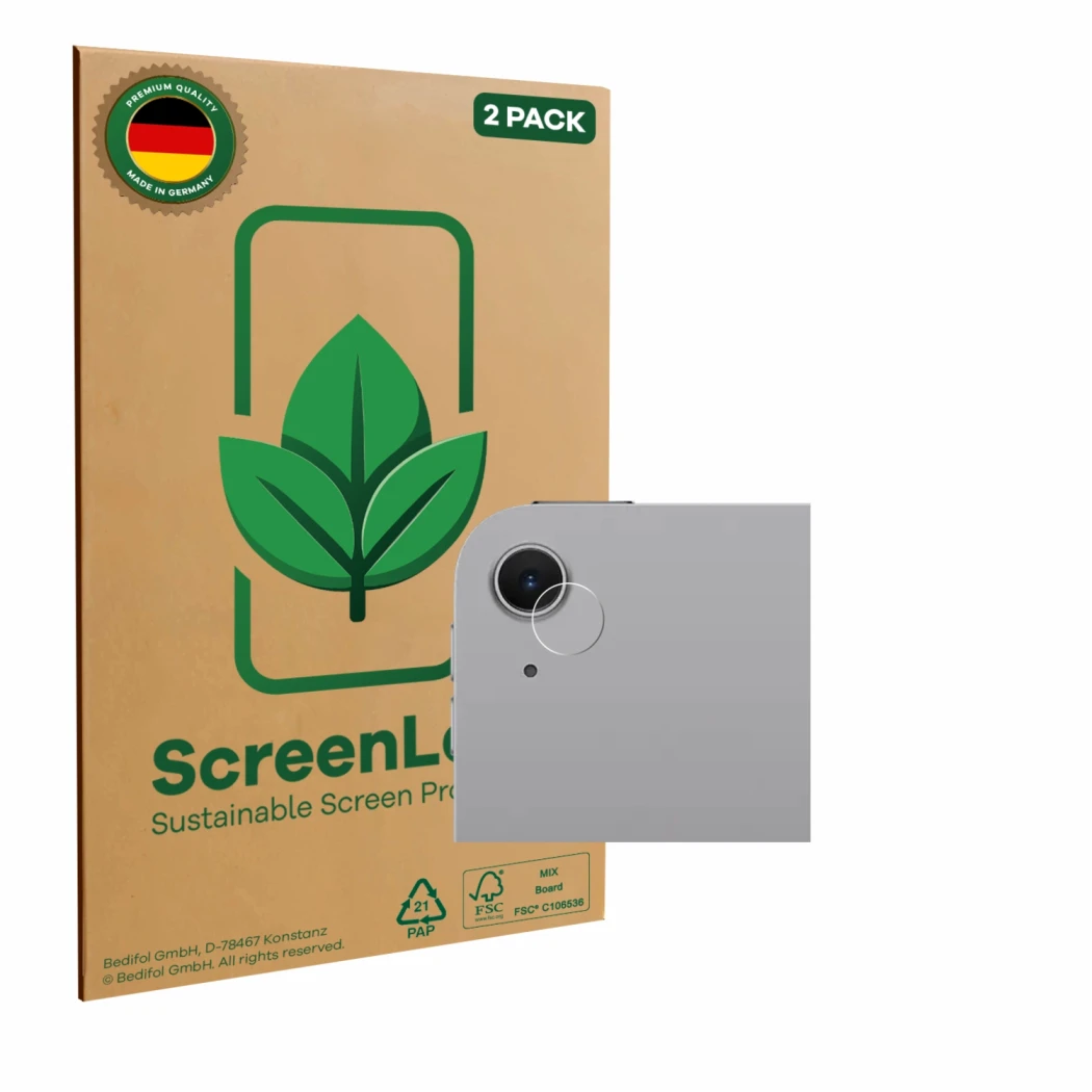 Face avant d’un emballage produit avec le logo de la marque ScreenLeaf. À côté, l’appareil Apple iPad Air 11