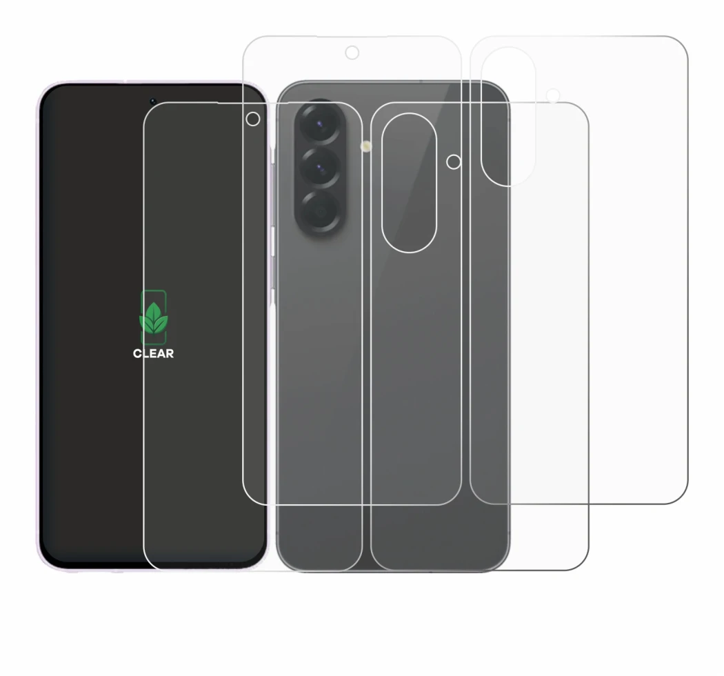 Image de l'appareil Samsung Galaxy A56 5G (Avant+Arrière) avec une grande variété de protections d'écran.