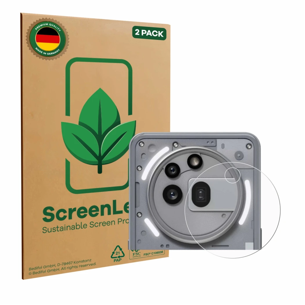 Face avant d’un emballage produit avec le logo de la marque ScreenLeaf. À côté, l’appareil Nothing Phone (3a) Pro (Caméra UNIQ