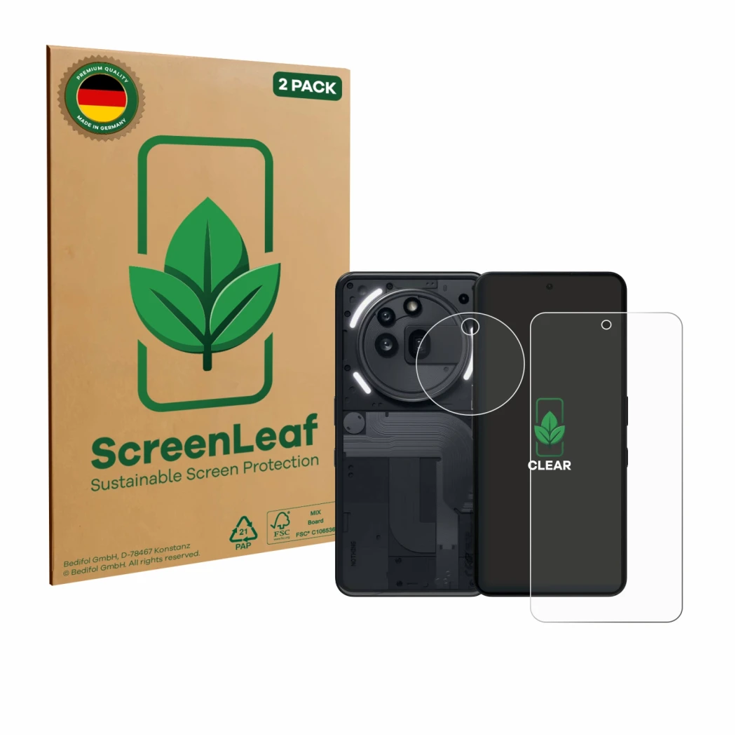 Face avant d’un emballage produit avec le logo de la marque ScreenLeaf. À côté, l’appareil Nothing Phone (3a) Pro (Avant+Camér